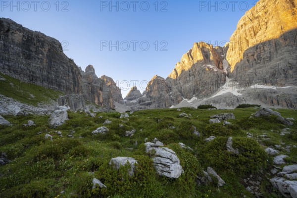 Picturesque mountain landscape in Val Brenta Alta at sunrise, rocky peaks of Cima Tosa, Alpenglühen, Brenta, Trentino, Italy
