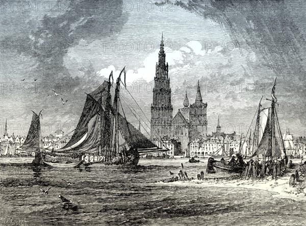 Historical view of Antwerp, Flanders, Belgium, early 19th century, From British Battles on Land and Sea, by James Grant