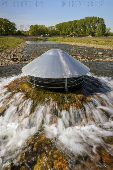 Haltern, North Rhine-Westphalia, Germany, flood protection on the River Lippe. Groundwater from the foreland is channelled into the Lippe via three spillways and then via the newly designed Gecksbach stream. Flood protection in the Haltern-Lippramsdorf-Marl area (HaLiMa) by relocating the dyke and thus extending the floodplain