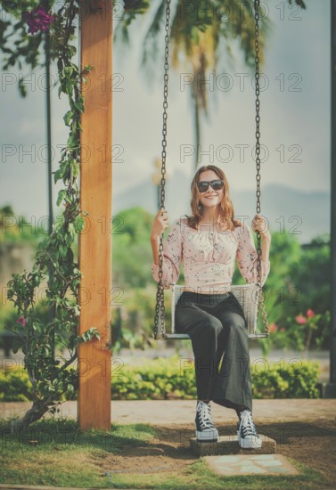 Portrait of a smiling girl sitting on a swing in a nature park. Happy young woman sitting on a swing in a nature park