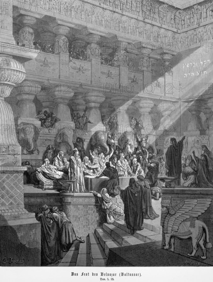 Daniel, chapter 5, verse 25, The feast of Belsazur or Baltasar, Daniel announces the fall of King Belshazzar, God has numbered the days of your reign, royal palace, Old Testament, Bible, ray of light, wealth, pomp, end, arrogance, religion, steel engraving Doré, historical illustration 1885