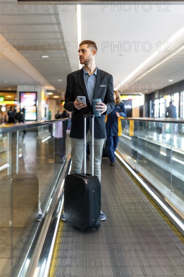 Businessman holding a smartphone and coffee while standing on a moving walkway in an airport terminal