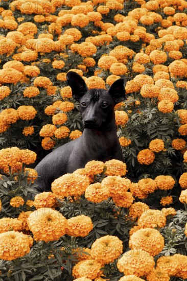 A Xoloitzcuintle dog sits gracefully amidst vibrant cempasuchil flowers, symbolizing the Day of the Dead. The scene captures the beauty and cultural significance of this Mexican tradition