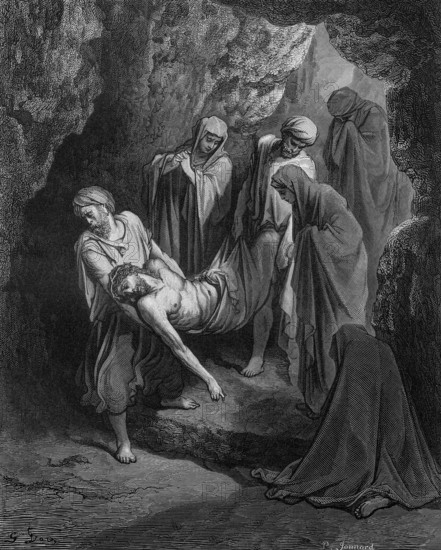 The entombment, Jesus is placed in the grave, John chapter 19, verse 41, garden, burial, rock, cave, entrance, carrying, grief, death, suffering, crown of thorns, woman weeping, steps, stone, rock, laying, Christian religion, Bible, New Testament, steel engraving Doré, historical illustration 1885
