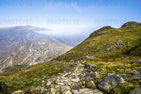 Pyg Track over Llyn Llydaw lake, Pen-y-Pass, mountain pass, Snowdonia, Gwynedd, north-west Wales, UK