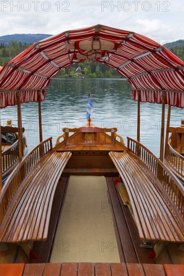 Interior view of a wooden boat with a red and white roof floating on a calm lake, Lake Bled, Lake Veldes, Blejsko jezero, Bled, Veldes, Feldes, Upper Carniola region, Gorenjska, Slovenia, Balkans