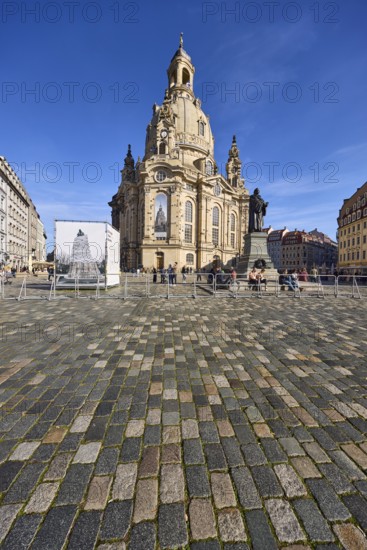 Frauenkirche Dresden, Baroque architectural style, security barrier, cobblestones, Luther monument, frog perspective, deep blue sky with veil clouds, Neumarkt square, Dresden, state capital, independent city, Saxony, Germany