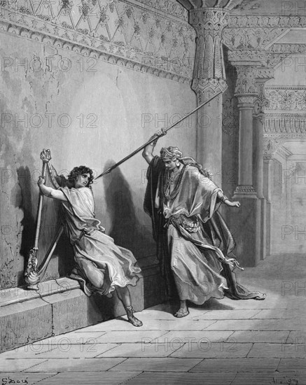 Saul throws the spear at David, David plays the harp, First Book of Samuel, chapter 18, verse 10, Bible, Old Testament, story, spear, hurling, throwing, madness, evil spirit, murder, evasion, palace, historical illustration based on Gustave Doré around 1880