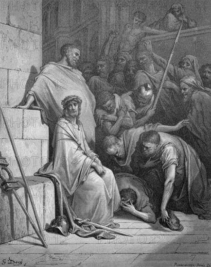 The ridicule of Jesus by Roman soldiers, Matthew chapter 27, verse 29, temple, interior, ridicule, insult, angry, mischievous, sitting, sword, mocking, crown of thorns, cloak, suffering, pain, enemy, soldier, governor, Christian religion, Bible, New Testament, steel engraving Doré, historical illustration 1885