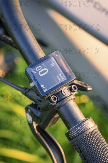 Close-up of a bicycle handlebar with display, background with nature, forest bike, e-bike, Calw, Black Forest, Germany