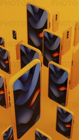 Many yellow frame smartphone exist with blue abstract art displayed on the screen. This creates a modern mobile background. 3D effect