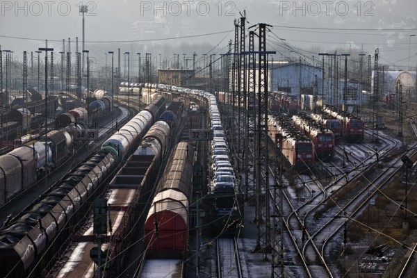 Train formation system with many rails in the Vorhalle district, marshalling yard, freight trains, infrastructure, Hagen, Ruhr area, North Rhine-Westphalia, Germany