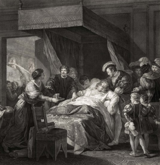 The deathbed of Leonardo da Vinci on May 2, 1519 with Francis I of France holding his head