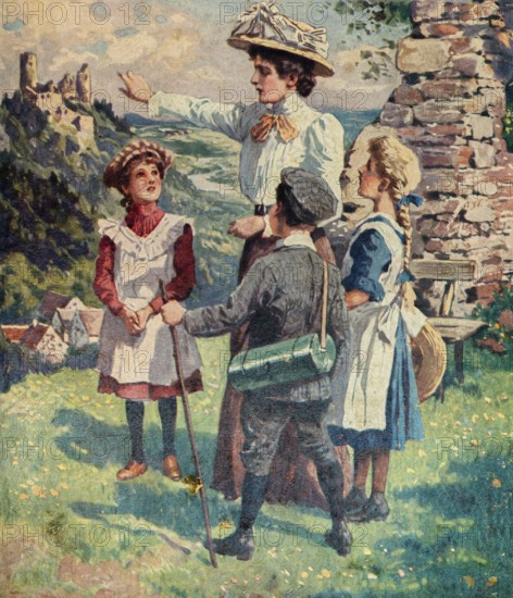 Outing of the governess with three children, nanny, explain, two young girls with apron, a boy with walking stick, Rhine, landscape, castle ruin, village, hill, meadow, Germany, historical illustration
