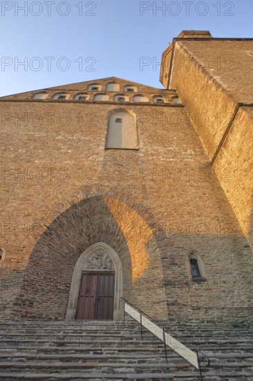 Late Gothic St. Anne's Church with view upwards and light mood, St., entrance, perspective, Annaberg-Buchholz, Middle Ore Mountains, Erzgebirge, Saxony, Germany