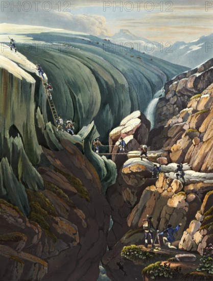 View from hell near the Vogelberg and the Rheinwald glacier, Graubünden, Switzerland, view from around 1830, digitally restored reproduction of a 19th century model by Johann Ludwig Bleuler (12 February 1792 - 28 March 1850), Swiss draughtsman and painter