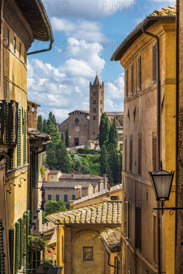 Old town with view of Basilica di San Clemente, historical, building, alley, Siena, Tuscany, Italy