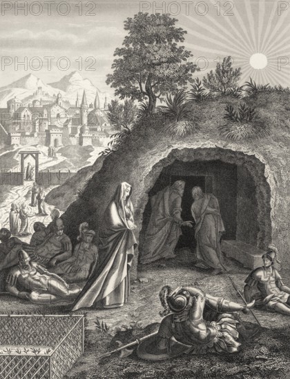 The empty tomb, Resurrection of Jesus, New Testament, steel engraving 1853, digitally restored
