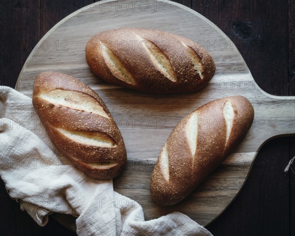 Three freshly baked loaves of artisan olive oil bread sit atop a rustic wooden board. The golden brown crust and neatly scored tops evoke the aroma of a cozy bakery