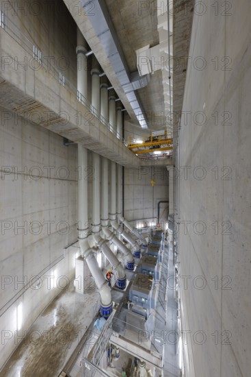Oberhausen, Ruhr area, North Rhine-Westphalia, Germany - Emscher conversion, new Emscher AKE sewer, here the new Oberhausen pumping station, the engine room with the pumps that will pump 16, 000 litres of wastewater per minute in the future, the ecological conversion of the Emscher system consists of the construction of a central wastewater treatment system in the Ruhr area, the construction of sewers and the renaturation of the Emscher and its tributaries