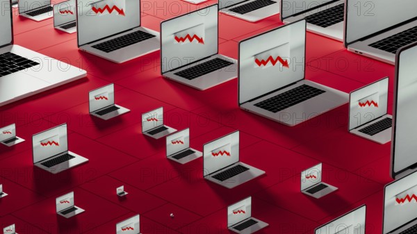 Multiple laptops show declining stock market trends with red arrows. The setting focuses on financial analysis and market performance