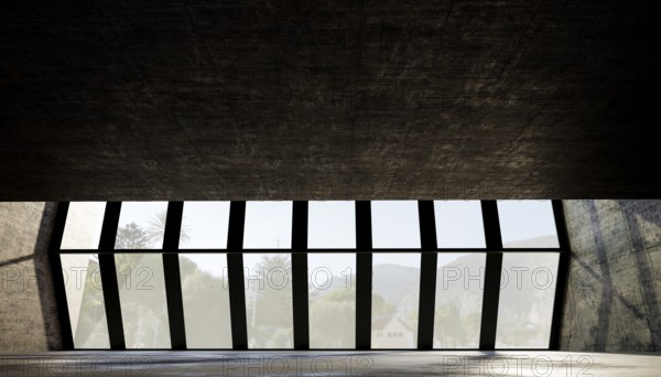 Large geometric windows frame a scenic view, with natural light illuminating the textured concrete walls and ceiling, highlighting a modern architectural design perfect to put a piano