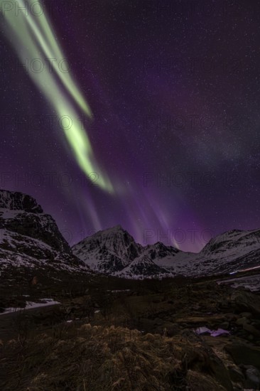 Northern lights over steep mountains, winter, aurora borealis, Flakstadoya, Lofoten, Norway