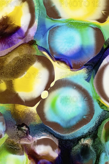 This image showcases a vibrant and textured pattern formed by various colorful inks, including blues, greens, yellows, and browns, blending seamlessly on a vivid background