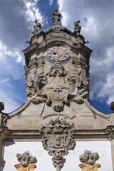 Clock tower of the castle church in the courtyard of the Ellingen Residence, Ellingen, Middle Franconia, Bavaria, Germany