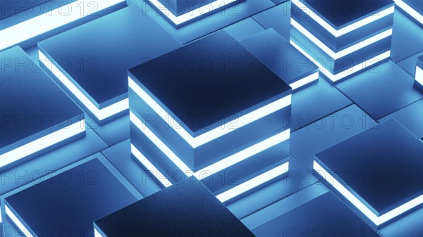 Abstract background design featuring a network of glowing geometric shapes in blue tones, creating a visually captivating technological atmosphere