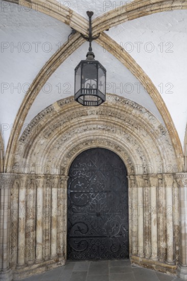 Ribbed vault and entrance decorated with magnificent stone carvings to the medieval Temple Church, Anglican church between Fleet Street and the Thames, London, England, Great Britain