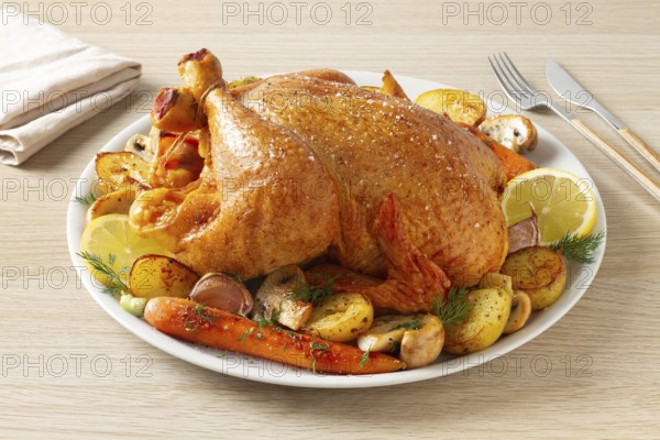 A golden-brown roasted whole chicken is served on a white plate with roasted potatoes, carrots, mushrooms, and lemon slices. A delicious homemade meal perfect for special occasions