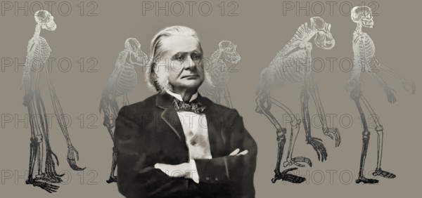 Portrait of Thomas Henry Huxley, 1825 – 1895, English biologist and anthropologist, specialized in comparative anatomy, frontispiece to his book „Evidence as to Man's Place in Nature“, 1863, digitally edited