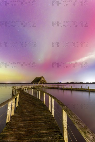 Wooden jetty and Northern Lights, Aurora borealis, polar lights over Lake Hemmelsdorf, Hemmelsdorfer See near Lübeck, Schleswig-Holstein, Germany