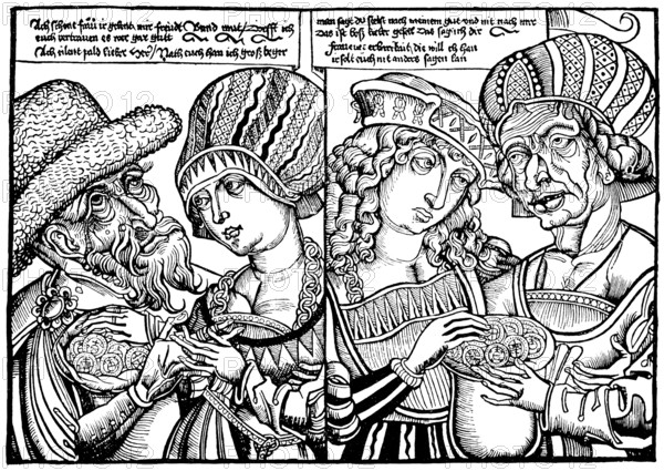 Historischer Holzschnitt aus dem Mittelalter, das ungleiche Liebespaar, der reiche, alte Mann und die junge, schöne Frau