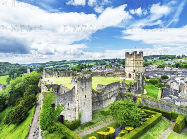 Richmond Castle from a drone, Richmond, Yorkshire Dales, North Yorkshire, England, United Kingdom