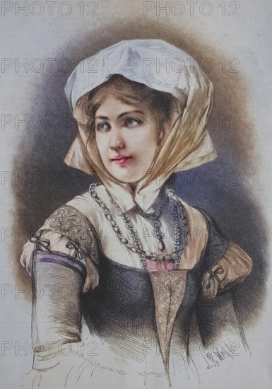 German burgher girl from the 16th century with headscarf and dress, elegant, Germany, around 1885, Historical, digitally restored reproduction from a 19th century original, German burgher girl from the 16th century with headscarf and dress, around 1885, Historical, digitally restored reproduction from a 19th century original