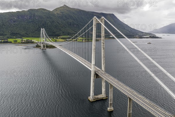 Suspension bridge Gjemnessundbrua, road E39, aerial view, Norway