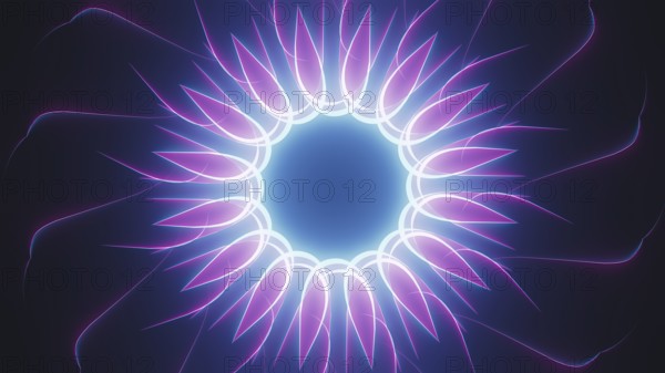 Neon lights form a captivating arrangement of abstract shapes, showcasing geometry in a mesmerizing design. Colorful lights illuminate the space