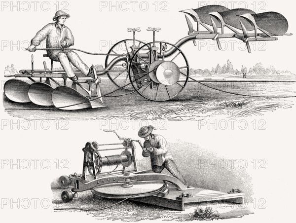 Ein landwirtschaftliches Pflugsystem, das von einer Seilwinde durch Muskelkraft angetrieben wird, erfunden von M. Lotz, 19.