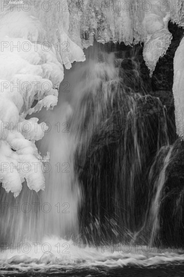 Frozen waterfall, Skutafoss, black and white photo, Sudausturland, Iceland