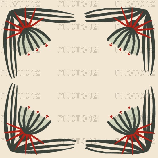 Artistic illustration featuring a symmetrical floral design with earthy green and red accents, ideal for decorative or background uses