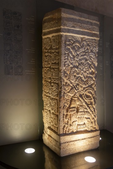 Stela of a ruler dressed as warrior dated 749 AD from Xcocha, museum of Mayan Archaeology, Campeche city, Mexico