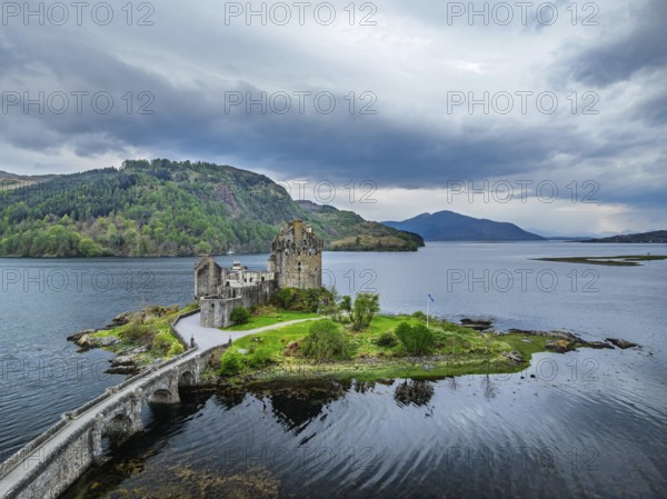 Eilean Donan Castle and Loch Duich from a drone, Isle of Skye, Highlands, Scotland, England, United Kingdom