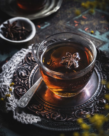 A warm glass cup of tea infused with anise, set on an intricately designed metal tray. The aromatic spice floats on the surface, offering a cozy, inviting ambiance