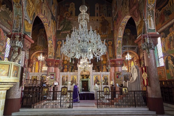 Magnificent altar area with large chandelier and icons in a decorated church, Church of the Annunciation of the Blessed Virgin Mary, Rhodes Town, Greece, Orthodox Church, Dodecanese, Greek Islands, Rhodes Town, Holy Week, Rhodes