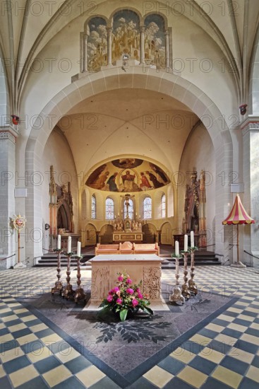 Interior facing east with chancel in unstructured semi-dome above the apse, St Castor's Basilica, Koblenz, Rhineland-Palatinate, Germany
