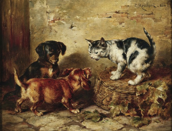 Carl Reichert, Karl Reichert, pseudonym J. Hartung (born 27 August 1836 in Vienna, died 5 April 1918 in Graz) . Austrian painter, above all landscape painter and animal painter. Here his work:, The Master of the House (1886), Herr im Haus, a humorous scene in which two dachshund puppies face a black and white spotted cat perched on a basket, Painting, Reproduction of the painting, Work of art, Historical