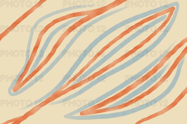 Abstract art featuring wavy, hand-drawn lines of orange and blue. The soft beige backdrop complements the retro shapes, creating an organic and playful pattern