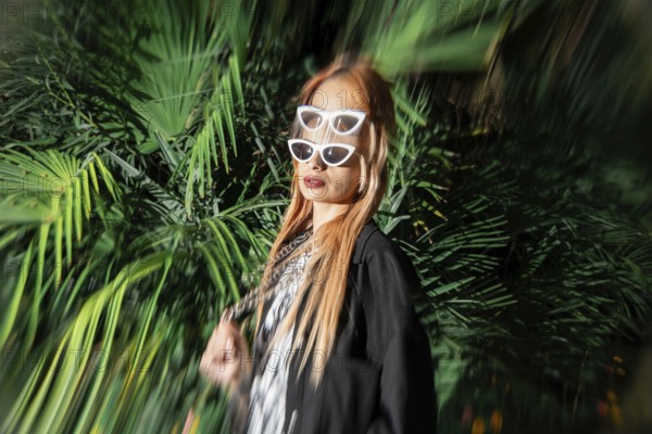 A stylish woman with double sunglasses and long hair stands confidently in front of vibrant green foliage, creating a dynamic and trendy outdoor fashion scene